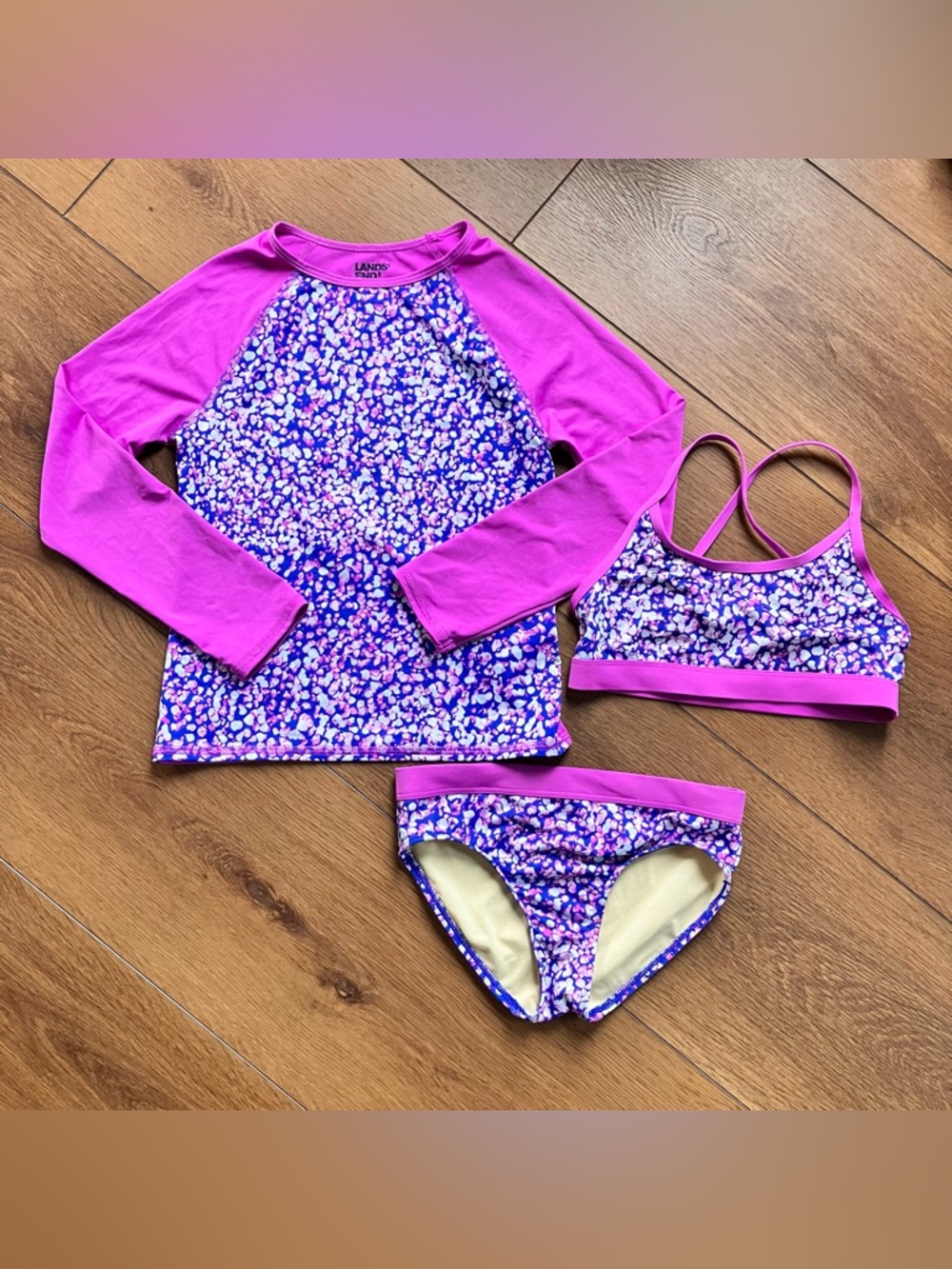 Lands' End Girls Purple Blue White Rash Guard Bikini 3-Piece Swim Set - Sz M(8)